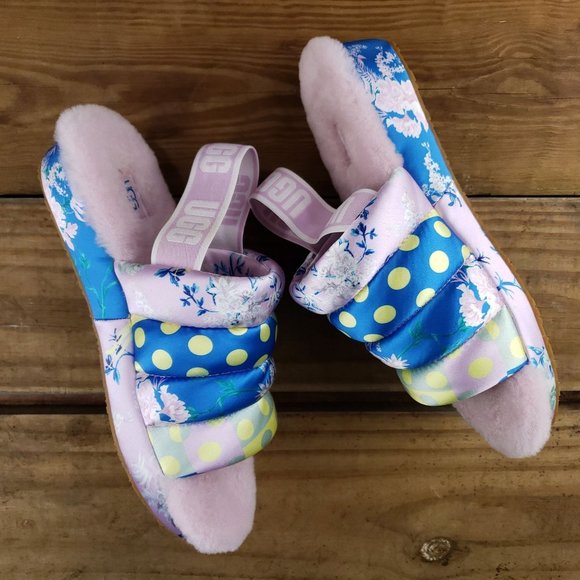 UGG Puff Yeah Floral Polka Dot Slide Sling Back Womens Size 8 Lamb Fur Silk Pink - Picture 5 of 10